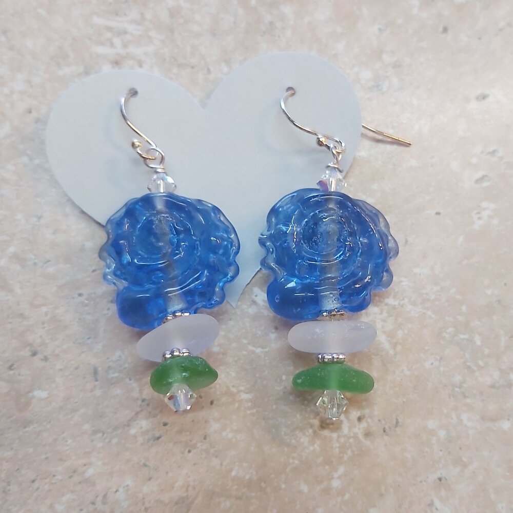 Lampwork glass shell and beach glass beaded earrings